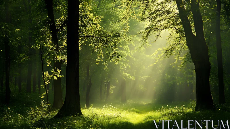 Sunbeams Filtering Through Dense Green Forest in Serene Morning.