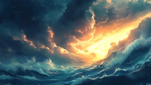 Stormy ocean waves under illuminated cloud vortex sky.