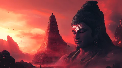 Divine Shiva profile beside towering red temple at dusk.