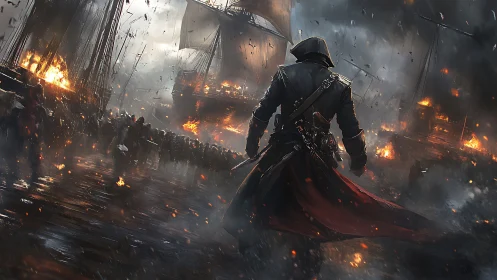 Hooded figure advances toward burning warships in harbor