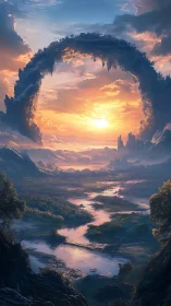 Celestial stone arch over luminous river valley at dusk.