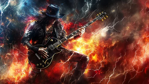 Electrified rock guitarist shredding in molten stormscape.