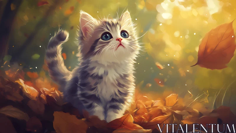 Enchanted Kitten Among Golden Autumn Petals.