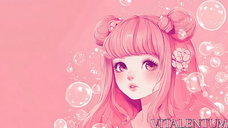 Pink monochrome anime girl portrait with floating bubbles.