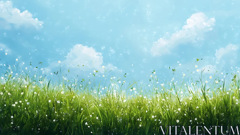 Sunlit wildflower meadow sways beneath soft spring clouds.