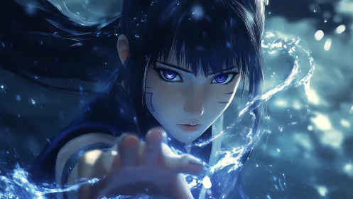 Fierce water mage summoning swirling midnight power.