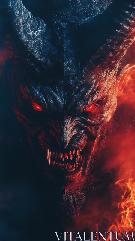 Horned demonic creature portrait amid red flame and smoke.