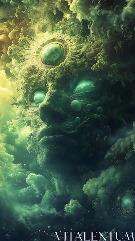 Cosmic nebula face with glowing emerald celestial core.