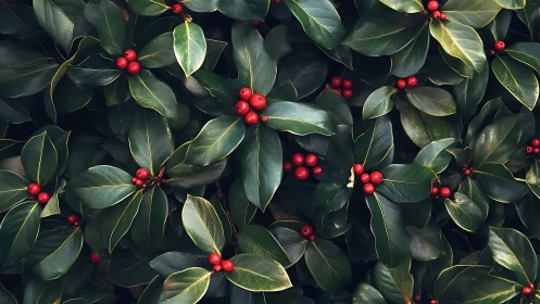 Holly leaf canopy with clustered red berries, optical close-up.