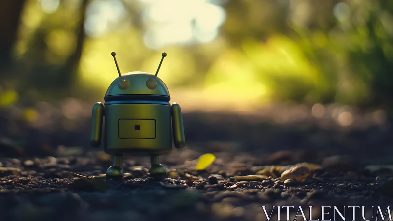 Small metallic robot toy standing on sunlit forest path.