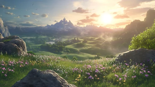 Sunlit fantasy valley with wildflowers, hills and castle.