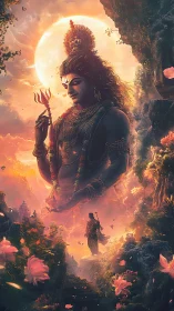 Towering divine figure over glowing valley at sunset.