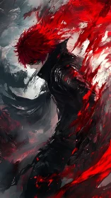 Red‑haired antihero commands swirling crimson energy storm.