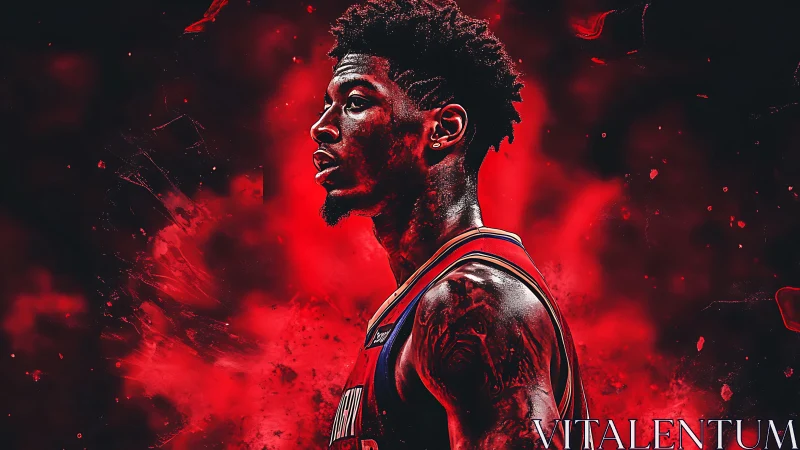 Digital portrait of basketball player in red inferno backdrop.