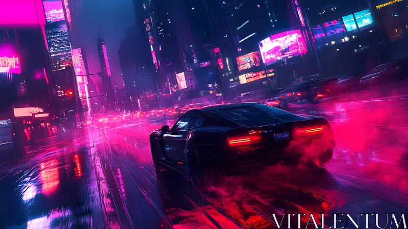Neon-lit sports car accelerates through rainy cyberpunk avenue at night