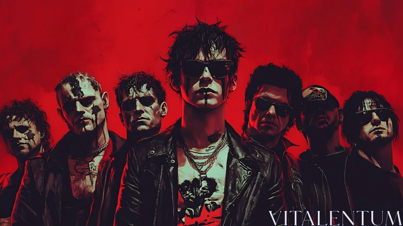 Seven figures in leather jackets stand before red backdrop