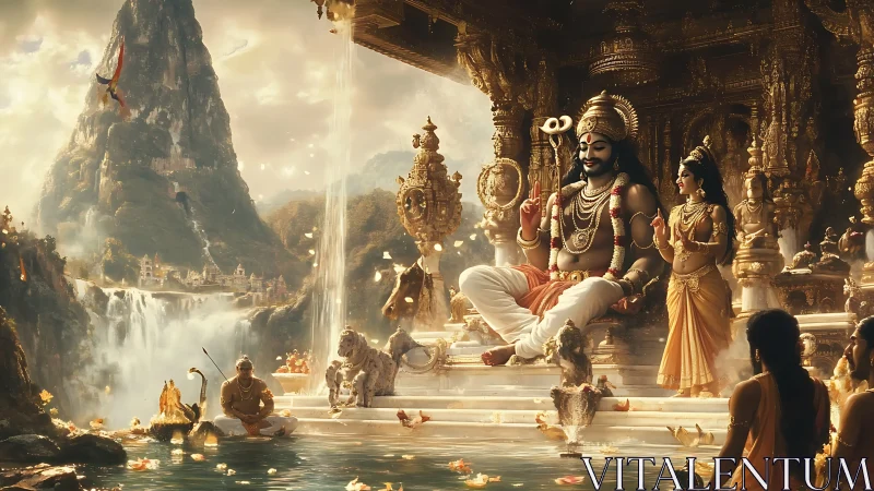 Mythic Himalayan court with seated deity in luminous gold temple.