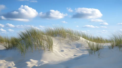 Coastal sand dunes with sparse grass under scattered clouds
