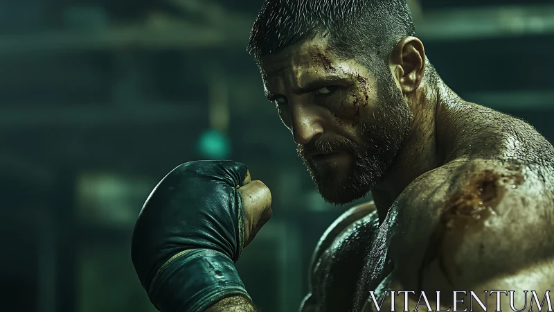 Boxer in gritty athletic stance during intense training.