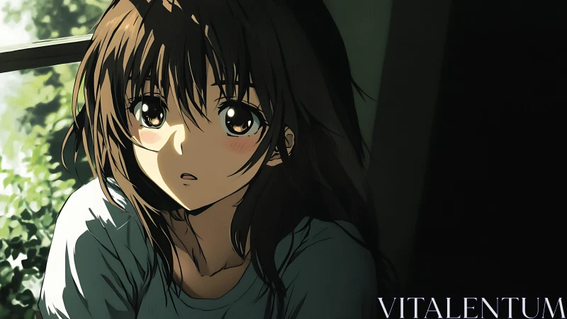 Pensive anime girl bathed in soft window light at dusk.
