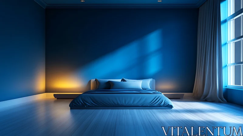 Minimalist blue bedroom glows with dramatic ambient light.
