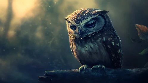 Melancholic owl perched on branch in dreamy, soft-lit digital art.