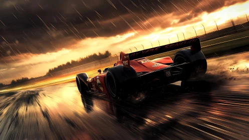 Red Formula race car speeds on wet track at sunset.
