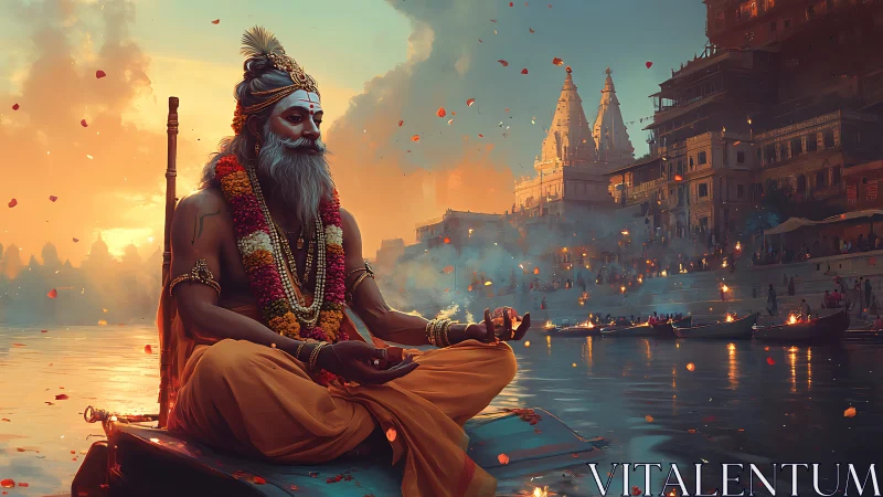 Riverbank sage in ember-lit meditation over sacred waters.