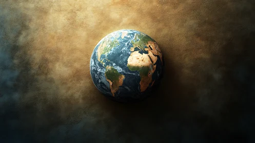 Lone painted planet drifting over a warm cosmic canvas.