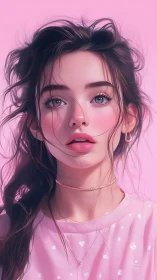 Cotton candy daydream girl with wind‑tousled pastel gaze.