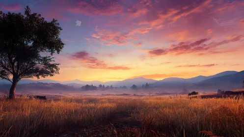 Digital landscape sunset over misted valley grasslands.
