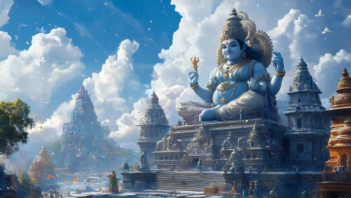 Colossal blue deity statue dominating ornate temple complex