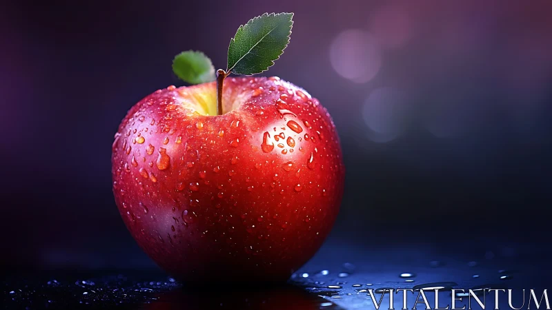 Red apple with water droplets rests on reflective dark surface