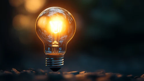 Incandescent bulb emits warm light above textured ground