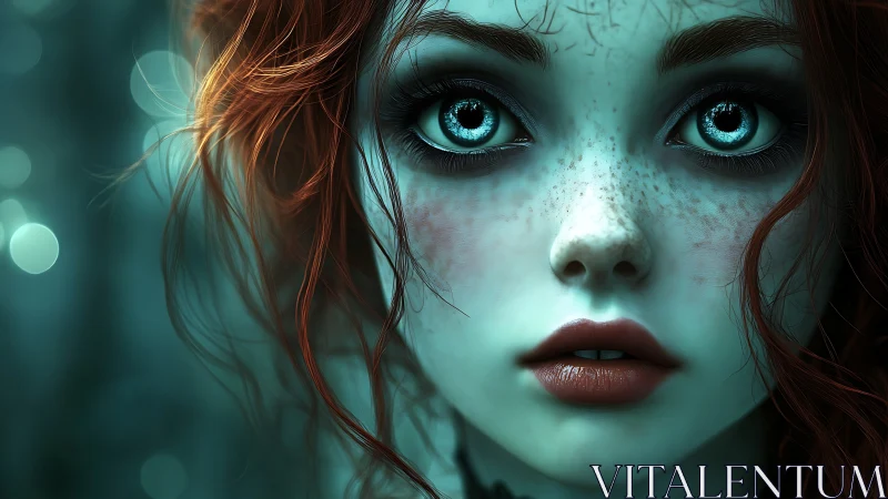 Enchanted freckled girl gazes forward in teal twilight.