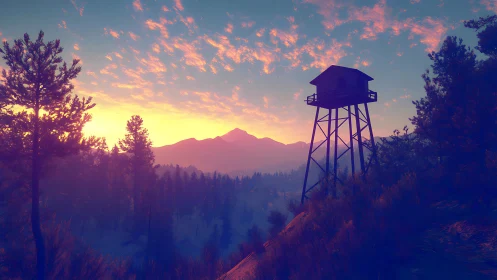 Sunset watchtower rests above a peaceful mountain forest