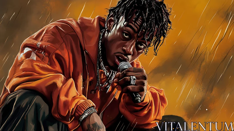 Rapper crouches in rain, orange streetwear, intense gaze.