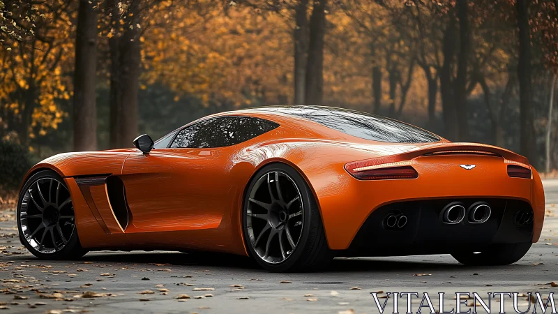 Orange sports coupe sits on road amid autumn forest background