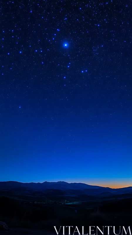 Star-filled night sky glows above tranquil mountain valley