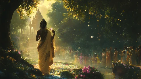 Divine figure in golden forest procession toward temple portal.