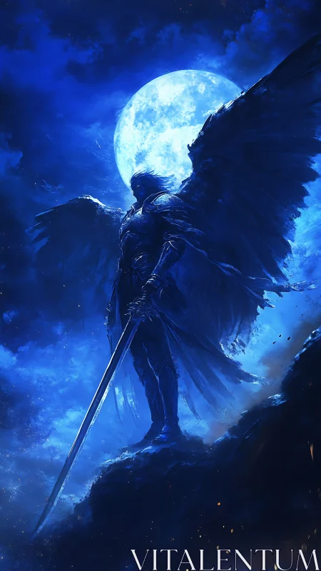 Winged armored warrior silhouette before full moon sky.
