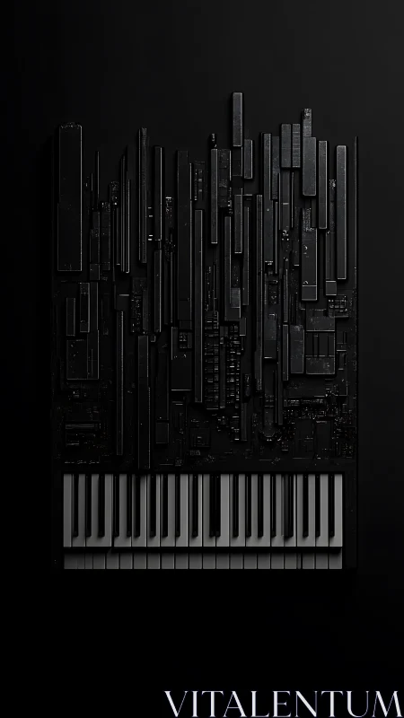 Piano keys rising into a sleek futuristic cityscape.