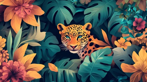 Leopard head centered in dense stylized tropical foliage.