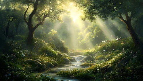 Enchanted Stream Breathes Golden Light Through Ancient Canopy