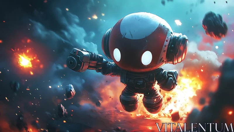 Robotic figure in explosive outer space combat environment.