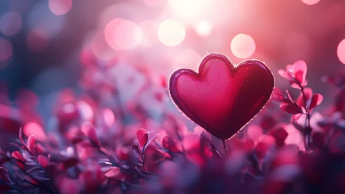 Deep Red Heart Floating Among Pink Florals with Bokeh Lighting