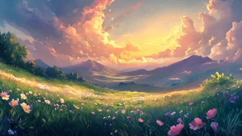 Sunlit wildflower valley beneath luminous pastel clouds.