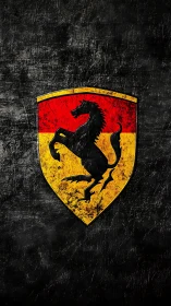 Weathered prancing horse heraldic shield on distressed textured wall