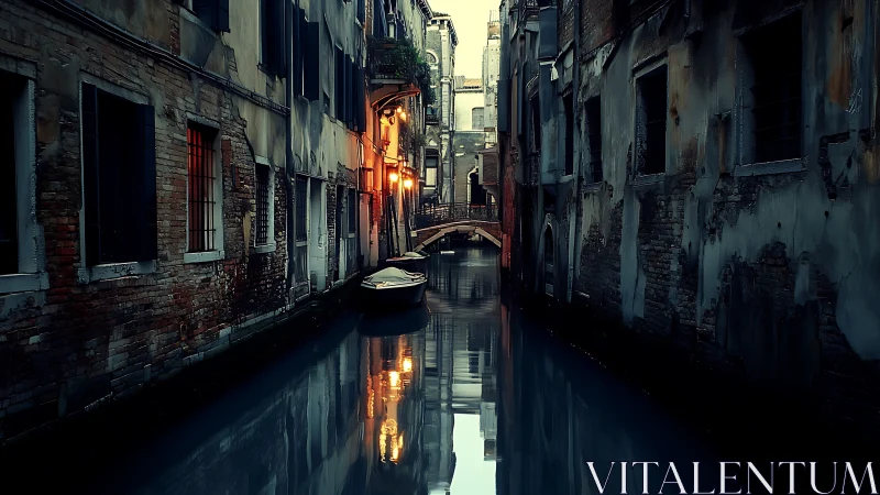 Narrow Venetian canal reflects moody dusk lights and facades