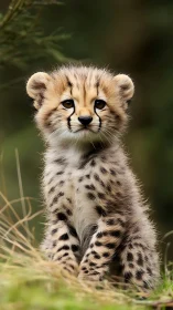 Young cheetah cub in soft-focus grassland portrait.